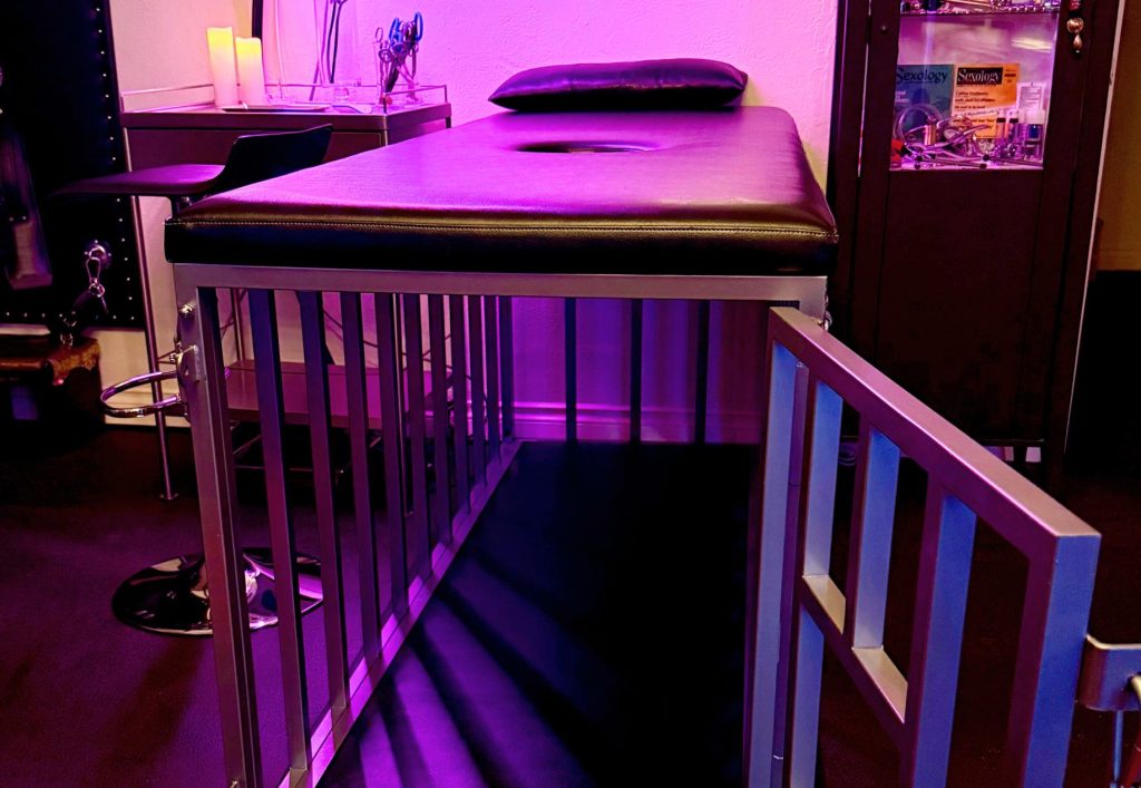 Sub Rosa PDX's BDSM cage, door open and waiting