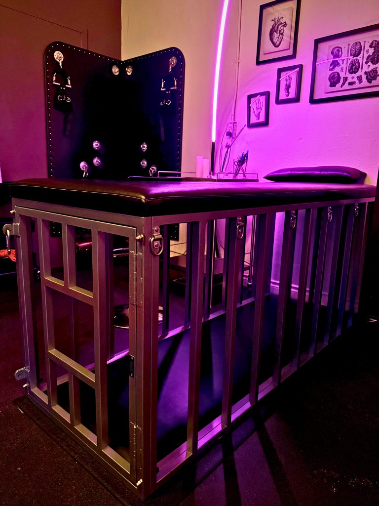 Horizontal locking bondage cage, with wall-mounted padded leather bishop's chair in the corner behind